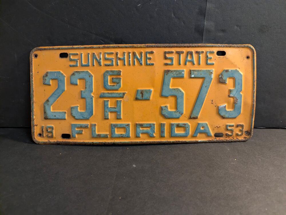 Vintage 1953 Florida License Plate Sunshine State Orange Teal Metal Tag